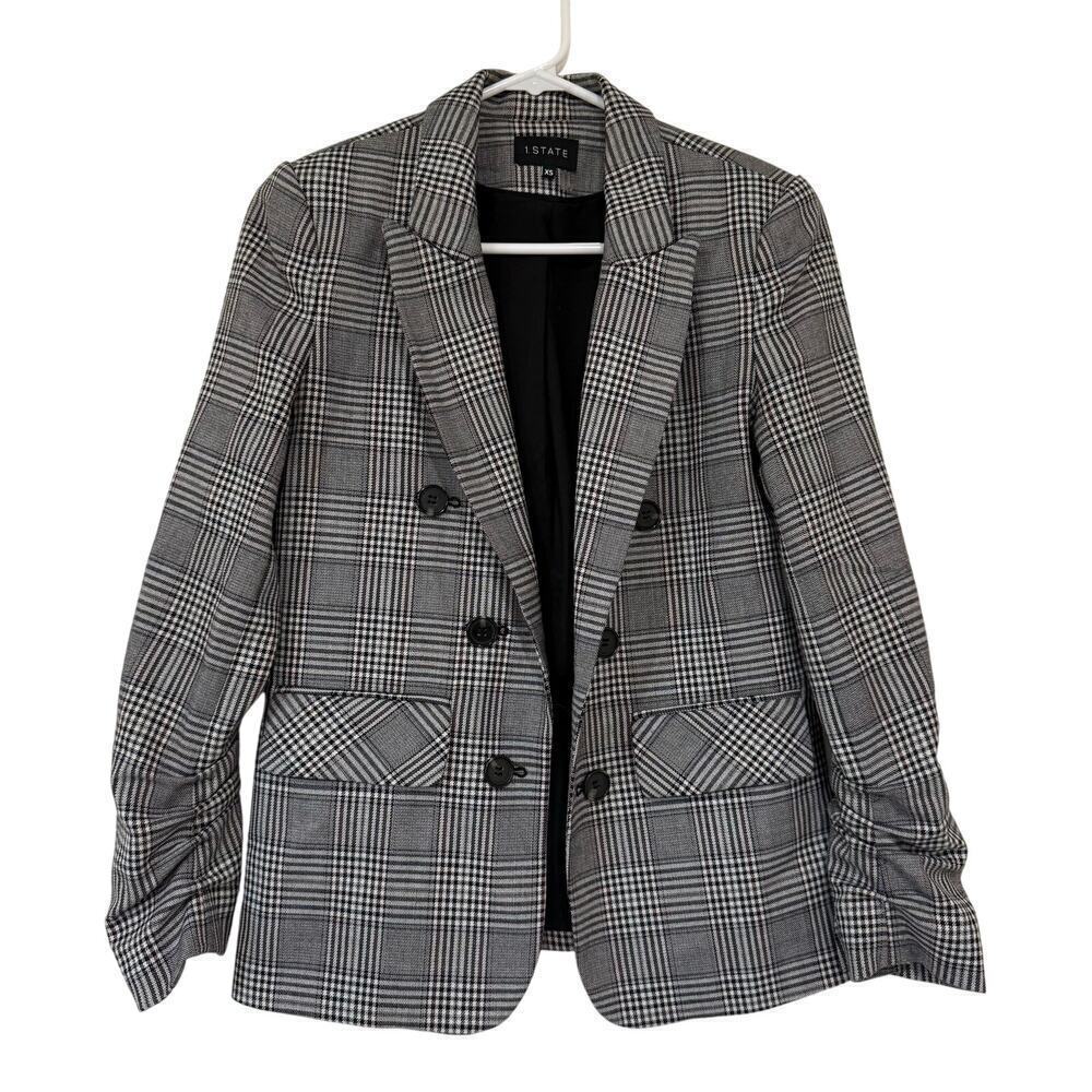 1.State Black and White Plaid Blazer Jacket Open Front Business Office Casual XS